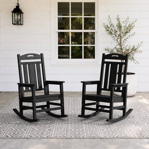 Set of 2 Oversized HDPE Outdoor Rocking Chairs, All-Weather Porch Rockers, Black
