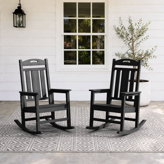 Set of 2 Oversized HDPE Outdoor Rocking Chairs, All-Weather Porch Rockers, Black