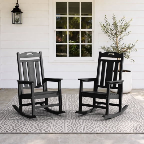 Set of 2 Oversized HDPE Outdoor Rocking Chairs, All-Weather Porch Rockers, Black