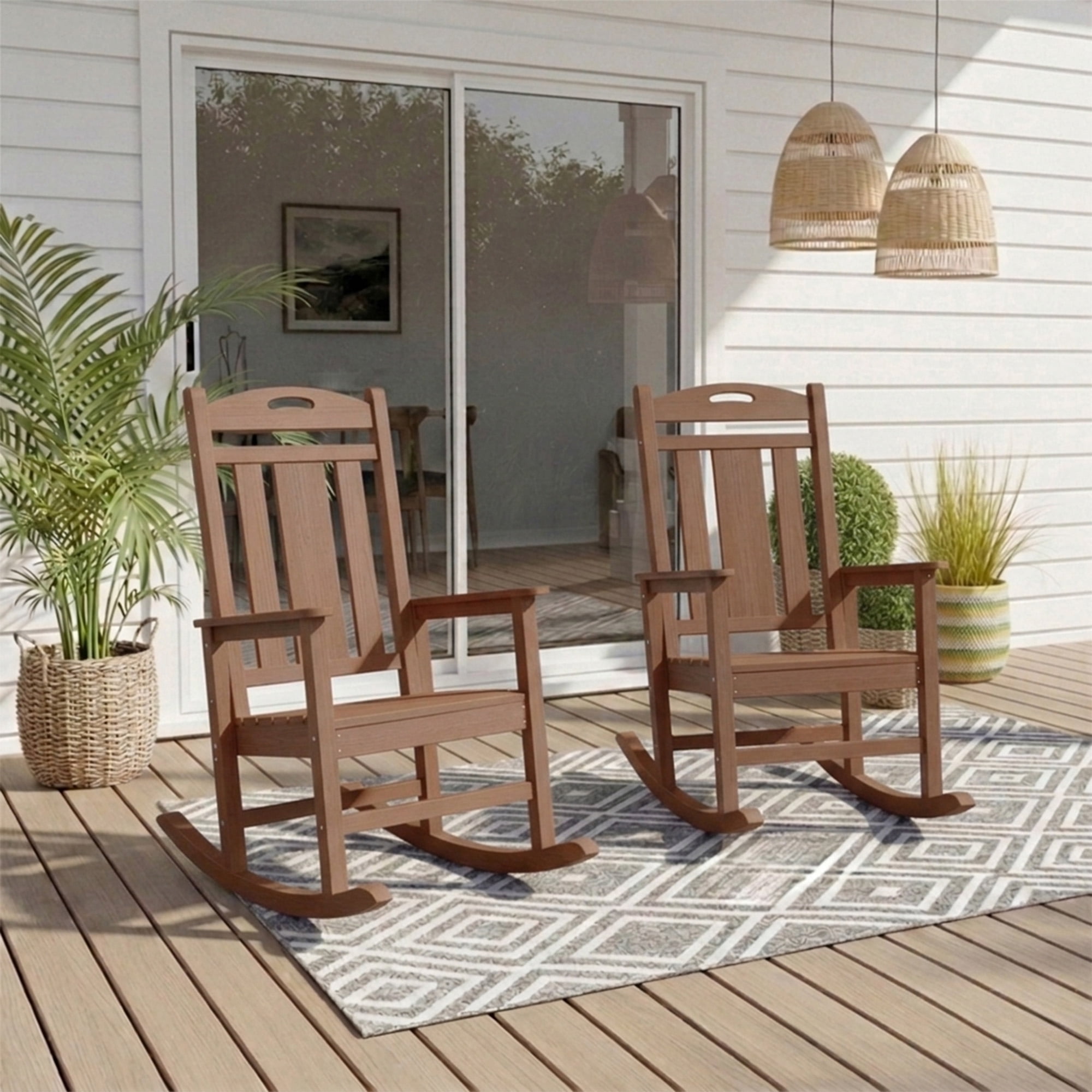 Set of 2 Outdoor Rocking Chairs, All-Weather Porch Rockers, Teak