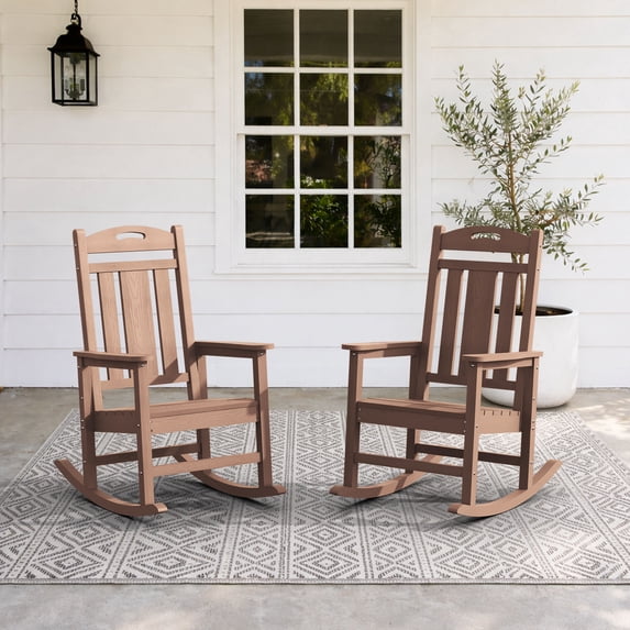 Set of 2 Oversized HDPE Outdoor Rocking Chairs, All-Weather Porch Rockers, Teak