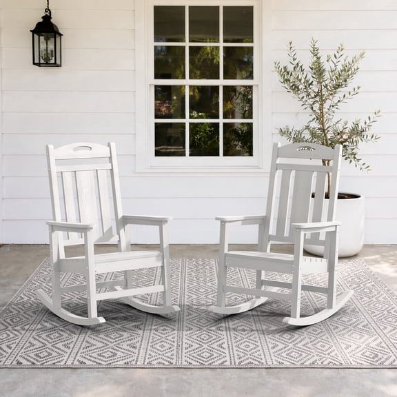 Set of 2 Oversized HDPE Outdoor Rocking Chairs, All-Weather Porch Rockers, White