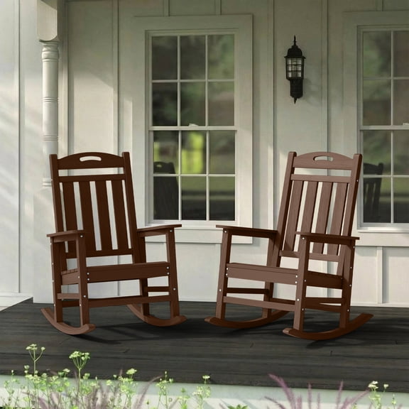 Set of 2 Outdoor Rocking Chairs, HDPE High Back Patio Rocker, Brown