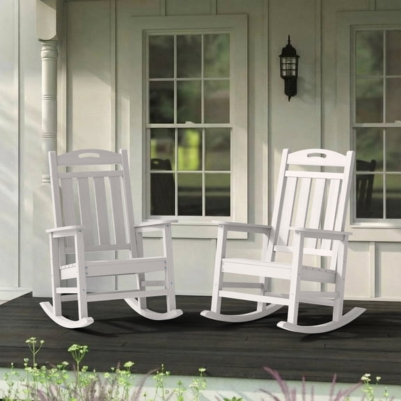 Set of 2 Oversized Outdoor Rocking Chairs, HDPE High Back Patio Rocker, White