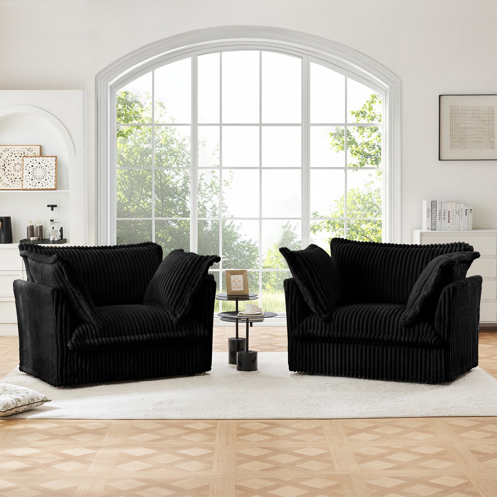 Set of 2 Oversized Upholstered Corduroy Accent Chairs, 37" Wide Deep Seat Armchairs with Removable Washable Covers for Living Room or Apartment,Black
