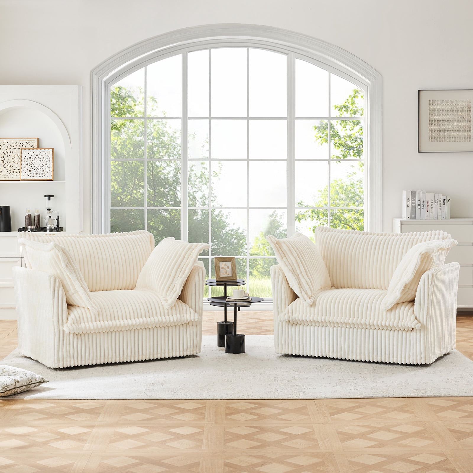 Set of 2 Oversized Upholstered Corduroy Accent Chairs, 37" Wide Deep Seat Armchairs with Removable Washable Covers for Living Room or Apartment,Cream