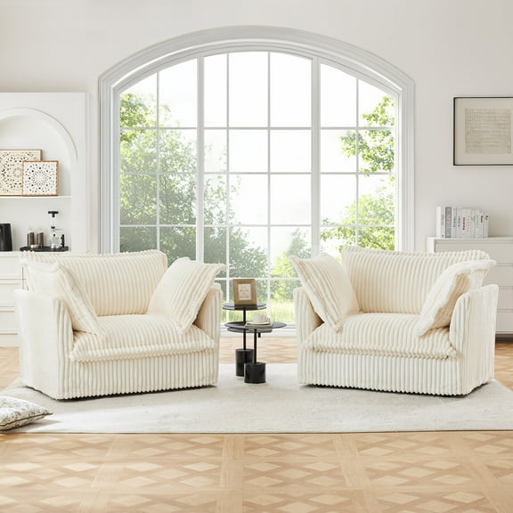 Set of 2 Oversized Upholstered Corduroy Accent Chairs, 37" Wide Deep Seat Armchairs with Removable Washable Covers for Living Room or Apartment,Cream