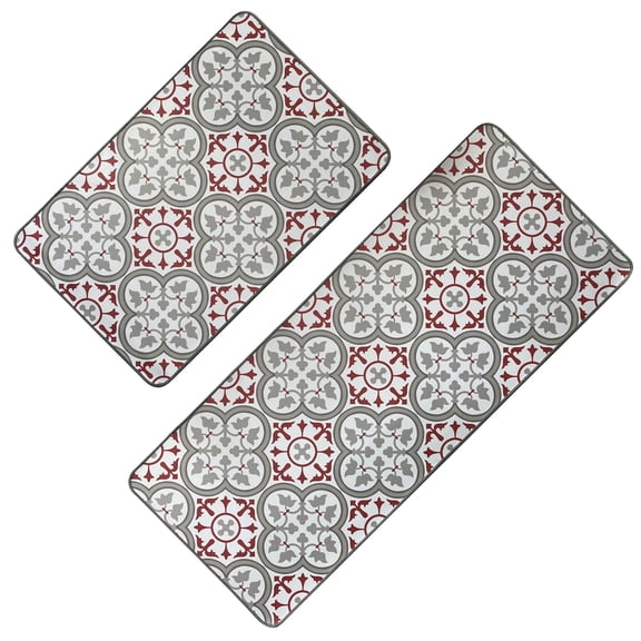 Set of 2 Paco Printed Kitchen Floor Mats - Red & Gray Tile Design - Ideal for Homeowners & Renters - Double the Style & Convenience