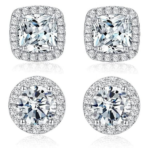 Set of 2 Pairs Cubic Zirconia 18K White Gold Plated Stud Earrings