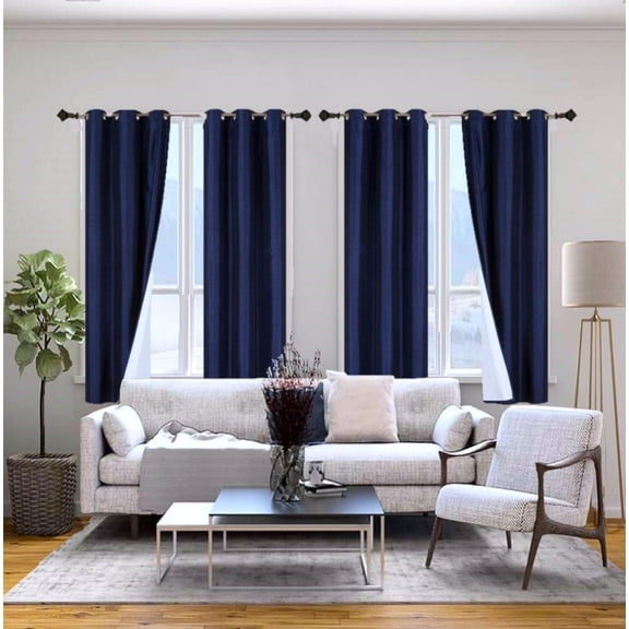 Gorgeous Home Linen Set of 2 Panels Noa Blackout Thermal Lined Window Curtain Drapes With Grommets For Bedroom Navy Color 63" length