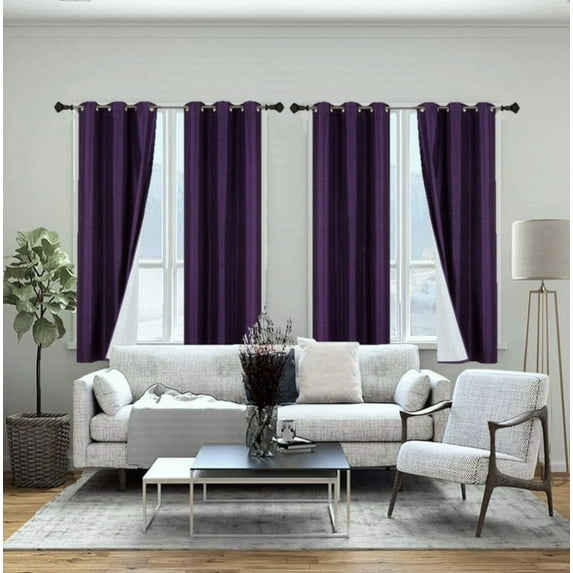 Set of 2 Panels Noa Blackout Thermal lined Window Curtain Drapes With Grommets For Bedroom Plum Color 63" length
