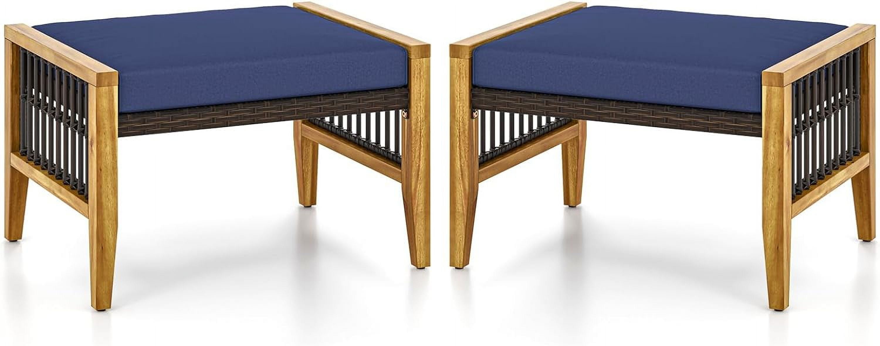 Set of 2 Patio Acacia Wood PE Rattan Ottoman Footrest Seat with Cushion & Adjustable Foot Pad