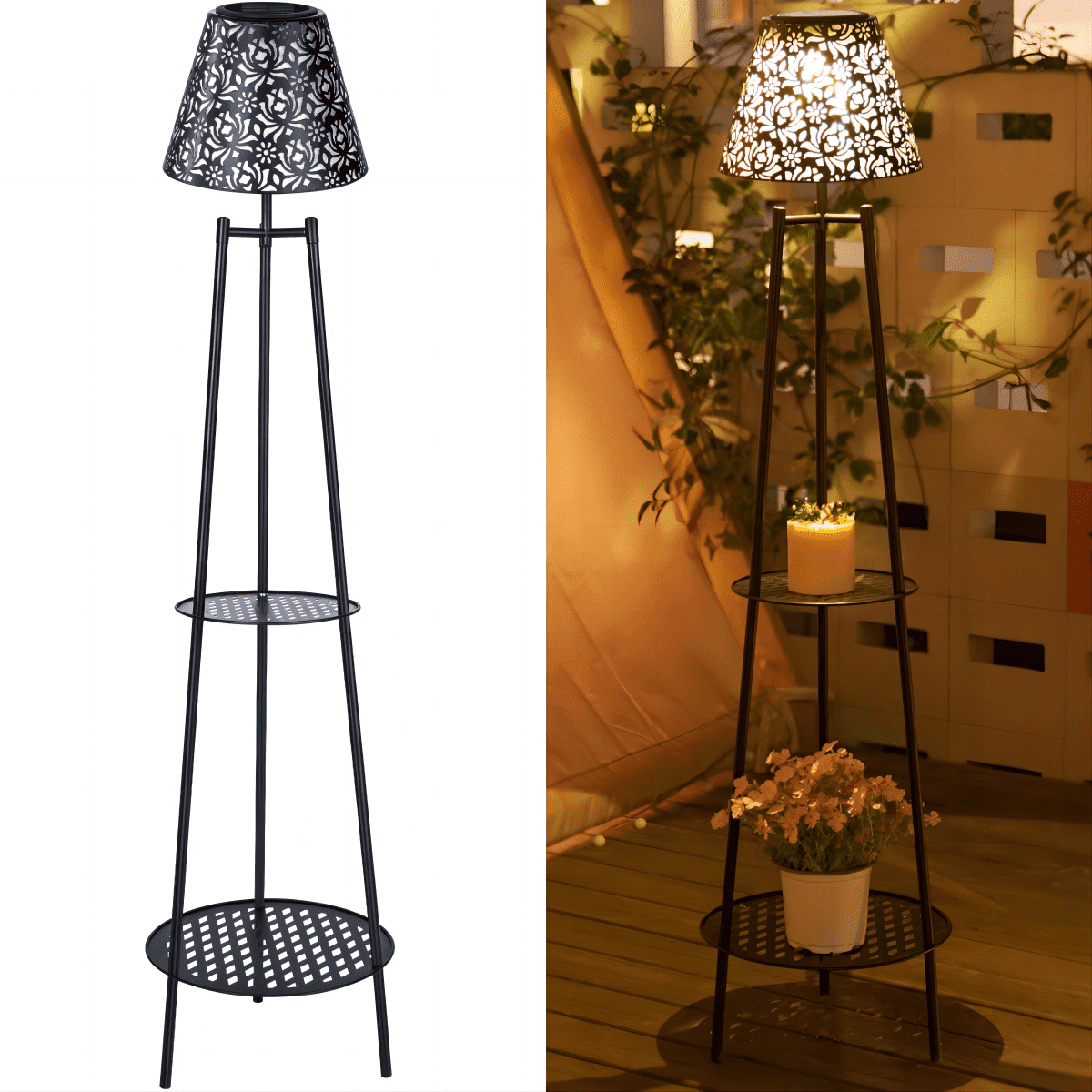 Set of 2 Patio decor solar outdoor lantern lights waterproof floor lamp with plant stand for Yard Garden Porch decorations.