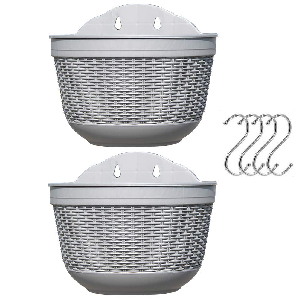 Set of 2 Pcs Hanging Planters Outdoor Hanging Basket Plastic Flower Pot Plants Holder Hanger for Balcony Fence Wall Mounted