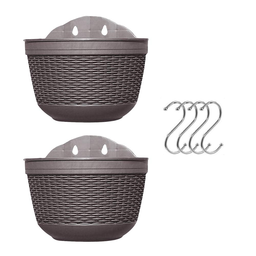 Set of 2 Pcs Hanging Planters Outdoor Hanging Basket Plastic Flower Pot Plants Holder Hanger for Balcony Fence Wall Mounted