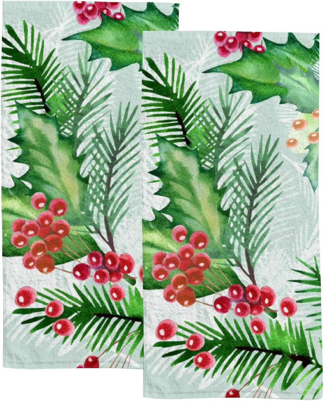 Set of 2 Pcs SKYSONIC Fingertip Hand Towels Christmas Holly Berries