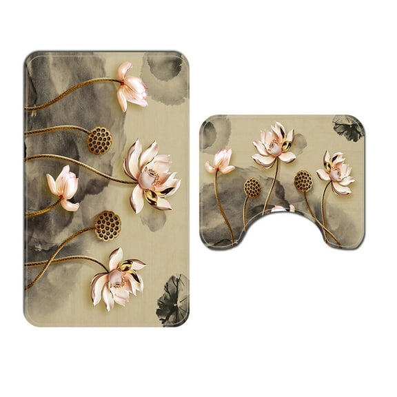 Set of 2 Pcs Soft Memory Foam Bath Rugs Pink Flowers Pattern Toilet Mats Non-Slip Water Absorbent Bathroom Floor Mats Machine Washable