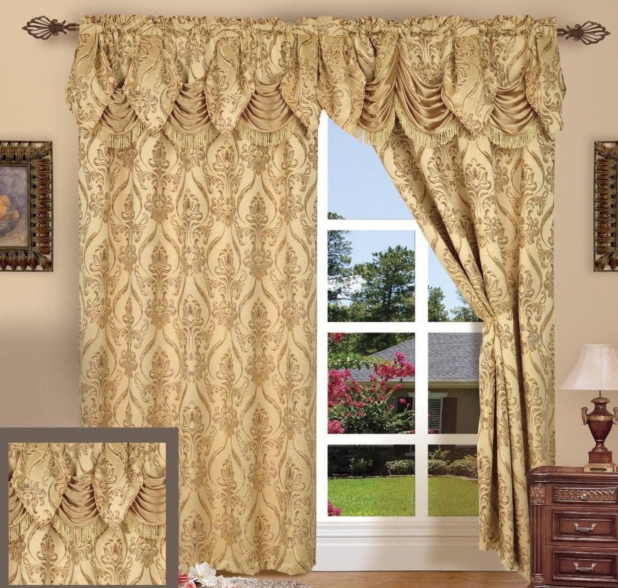 Gold Jacquard Polyester Window Panels with Attached Valance, 84" x 54"