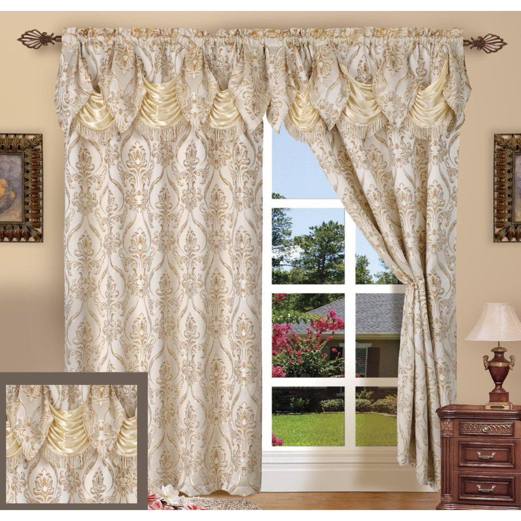 Beige Jacquard Rod Pocket Window Panel with Valance, 84 Inch