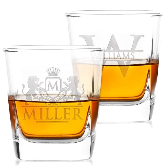 Set of 2 - Personalized Whiskey Glasses w/Name & Initial - 9 Designs - 9 oz, Limited Edition Monogrammed Rocks Glasses for Dad Gifts