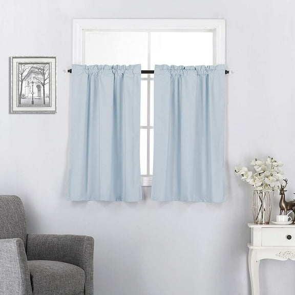 Set of 2 Piece Blackout Insulated Rod Pocket Kitchen Curtain Tiers for Small Windows 27"W x 24"L, Light Blue