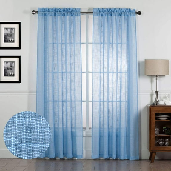 Set of 2 Piece Faux Linen Curtains Panels 84 inches Long, Light Filtering Rod Pocket Window Treatment Curtains, Light Blue, 84" Long