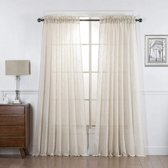 Set of 2 Piece Linen Textured Semi-Sheer Rod Pocket Window Curtain Panels (84" Long, Beige)