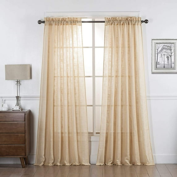 Set of 2 Piece Linen Textured Semi-Sheer Rod Pocket Window Curtain Panels (84" Long, Gold)