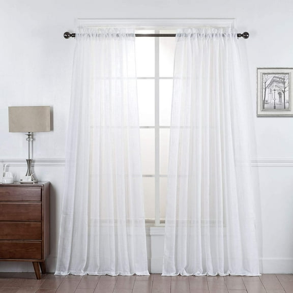 Set of 2 Piece Linen Textured Semi-Sheer Rod Pocket Window Curtain Panels (84" Long, White)