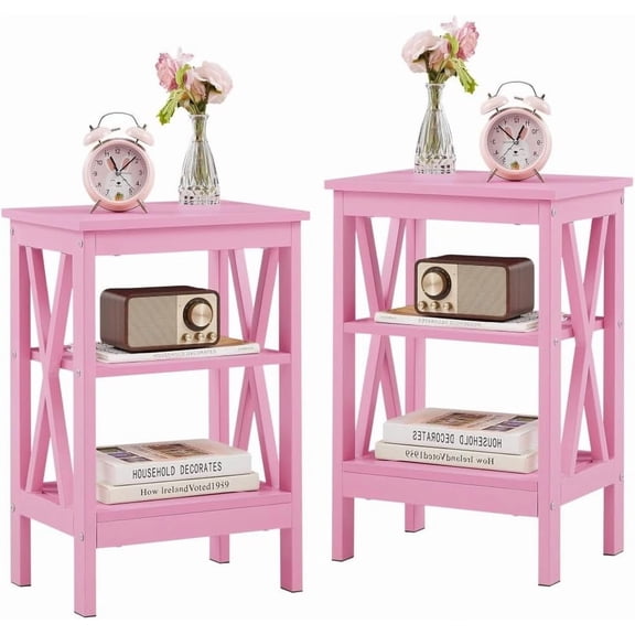 Set of 2 Pink End Tables, 24" Tall X-Design Reinforced Nightstands with 3-Tier Storage Shelves