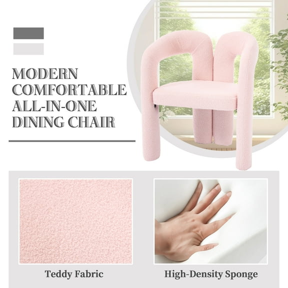 Set of 2 Pink Teddy Fabric Accent Chairs - Modern Barrel Back Dining Chairs with Wooden Legs for Living Room & Kitchen