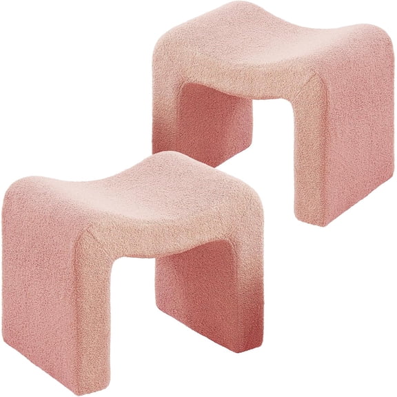 Set of 2 Pink Teddy Velvet Backless Vanity Stools, Small Footstool Ottoman for Makeup Room, Living Room, and Bedroom