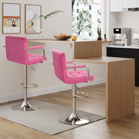 Set of 2 Pink Velvet Bar Stools with Armrest, Adjustable Height Swivel Counter Chairs for Kitchen Dining Room