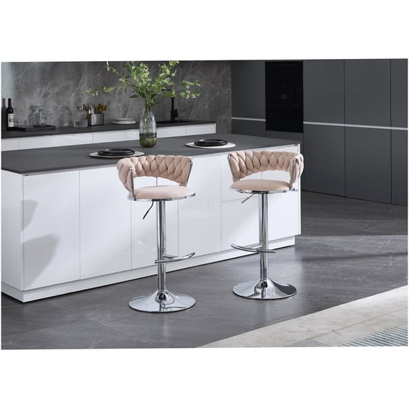Adjustable Swivel Bar Stools Set of 2, Pink Velvet Seat with Chrome Footrest for Home Bar