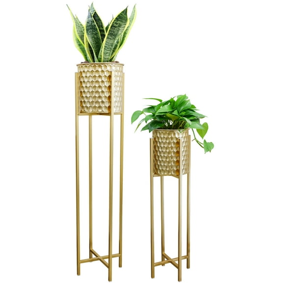 Set of 2 Planters With Stand Indoor Outdoor Metal Gold Planters For Indoor Plants 30 &40 " Tall Morden Planters