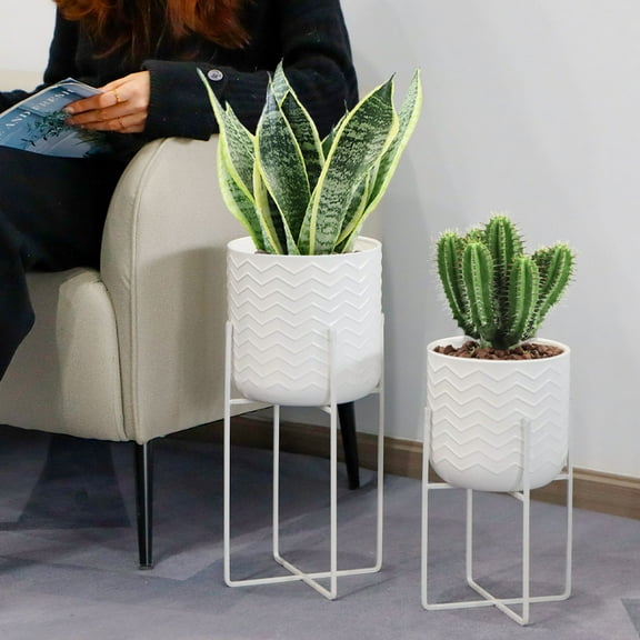 Set of 2 Planters with Stand Indoor Outdoor Metal Plant Stand 18 &12" Tall Modern Planters Flower Pots
