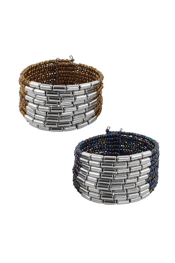 Set of 2 Plastic Mix Golden Seed Bead Adjustable Cuff Bangle Bracelet for Women Jewelry Birthday Christmas Gifts for Women