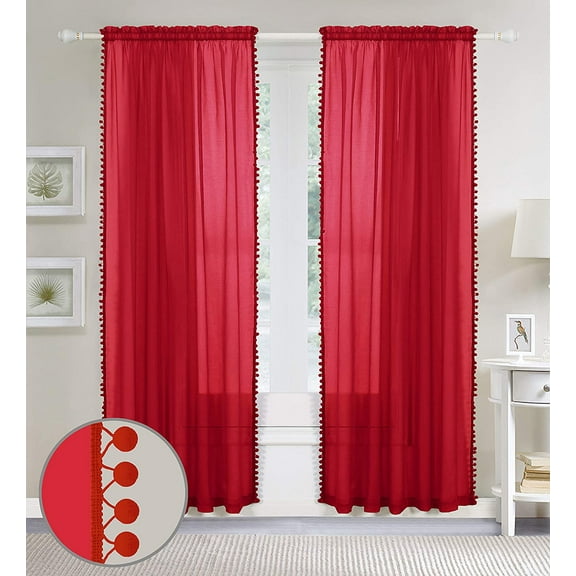 Set of 2 Pom Pom Curtain Panels for Living Room, Bedroom