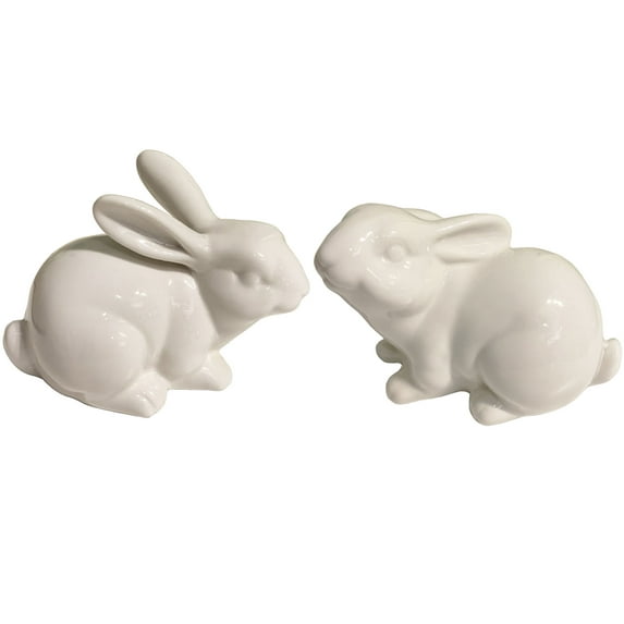 Set of 2 Porcelain Bunny Rabbit Statue Figurine Easter Spring Decoration Vintage Rustic White Bunny Figurines for Easter Dining Table