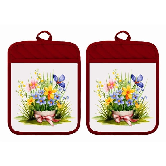 Set of 2 Pot Holders Oven Mitts Hot Pads 100% Cotton Wildflowers Pot Planter Kitchen DZ357DPH (Red)