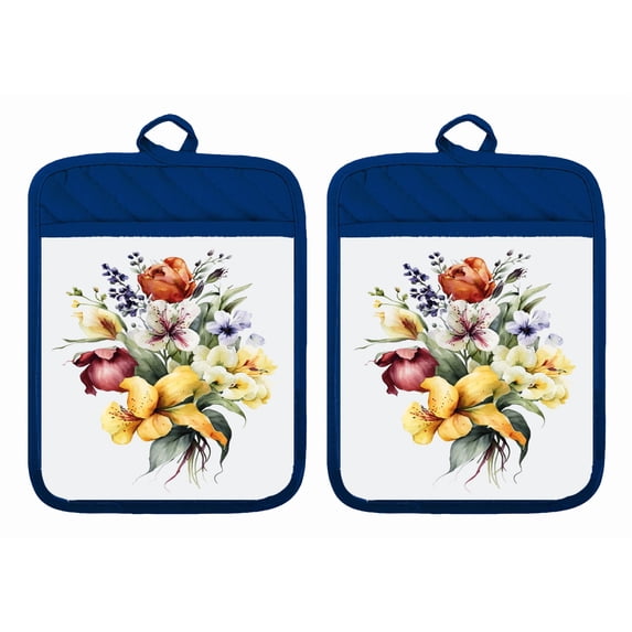 Set of 2 Pot Holders Oven Mitts Hot Pads 100% Cotton Wildflowers Roses Daylily Kitchen DZ356DPH (Blue)
