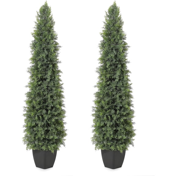 Set of 2 Potted Artificial Cedar Topiary Trees - 60 In Tall Faux Cypress UV Resistant Realistic Front Porch Decor