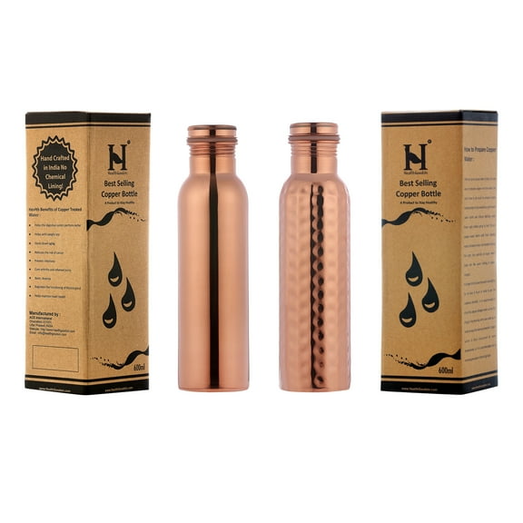 Set of 2 Pure Copper Water Bottles, UNLINED, UNCOATED and LACQURE FREE for Ayurvedic Health Benefits 600 Ml
