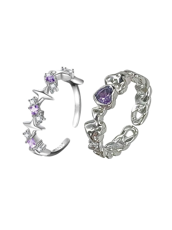 Set of 2 Purple Rhinestone Adjustable Open Rings Engagement Rings Y2K Adjustable Rings Alloy Material Aesthetic Jewelry