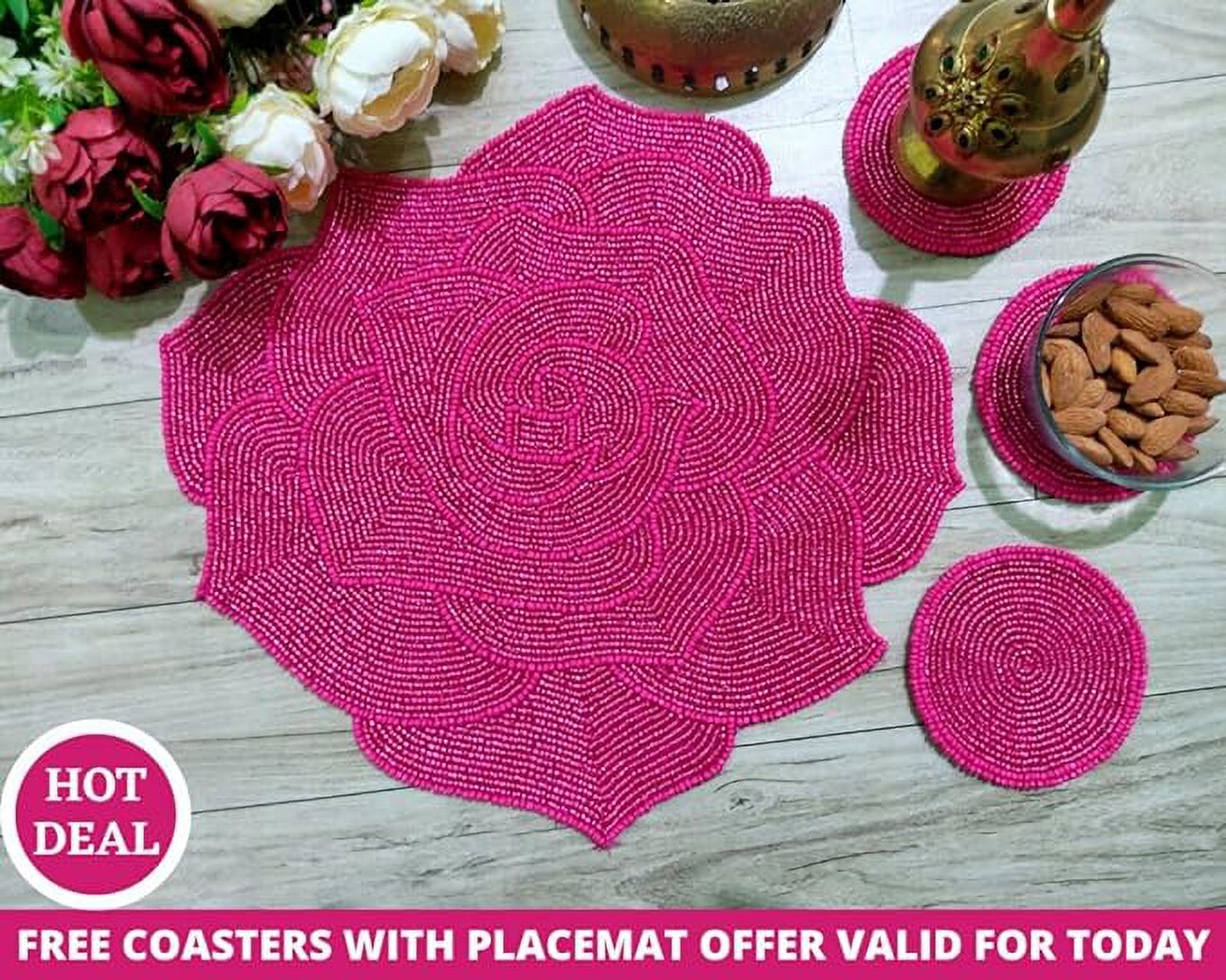 Set of 2 Purple Rose Handmade Beaded placemat, Beaded tablemat, 14 inch, Beaded Charger