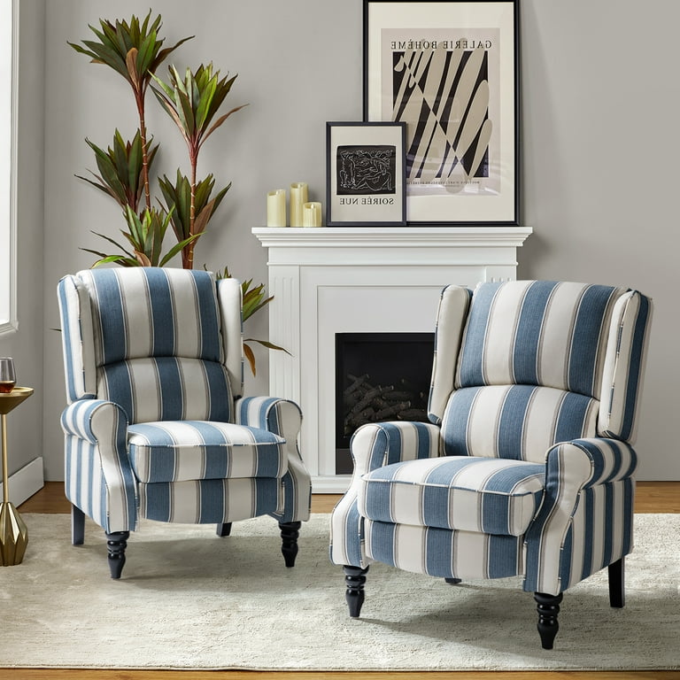Set of 2 Push Back Manual Recliner Chairs Wingback Sofa Mid Century Relaxing Armchair Wood Legs Home Living Room Striped Navy