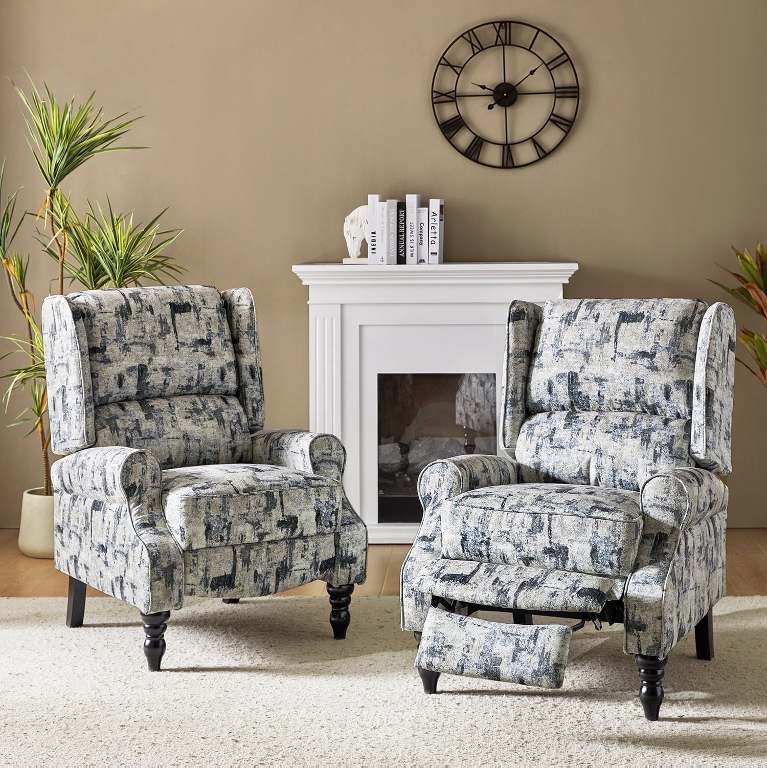 Vintage Floral Wingback Manual Push Back Recliner Chair Set of 2 for Living Room GREENGUARD Certified Grey