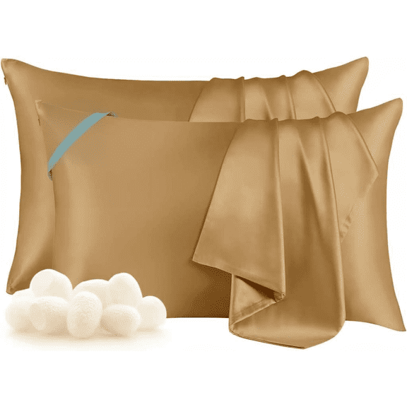 Set of 2 Queen 20"x30" Metallic Gold 100% Mulberry Silk Pillowcase with Hidden Zipper