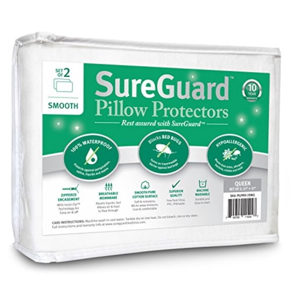 Set of 2 Queen Size SureGuard Pillow Protectors - 100 Waterproof Bed Bug Proof Hypoallergenic - Premium Zippered Cotton Covers - Smooth
