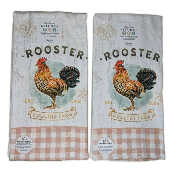 Set of 2 RED ROOSTER Vintage-Look Terry Kitchen Towels by Kay Dee Designs